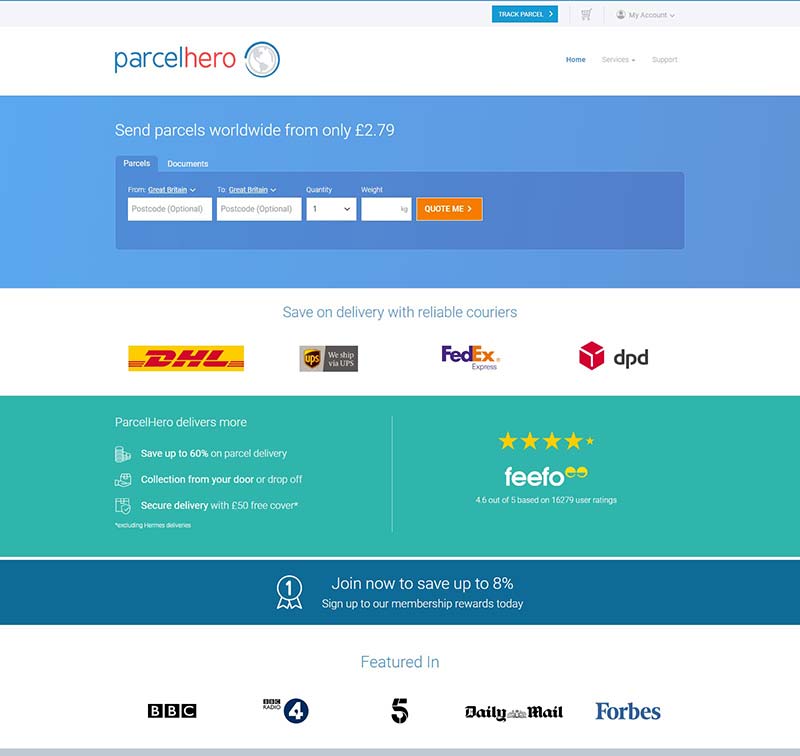 ParcelHero 英国快递包裹配送服务网站