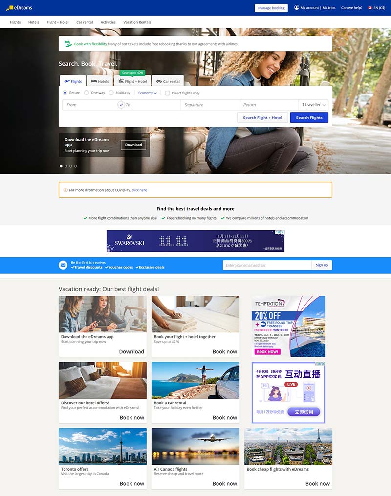eDreams CA 加拿大在线航空票务预定网站