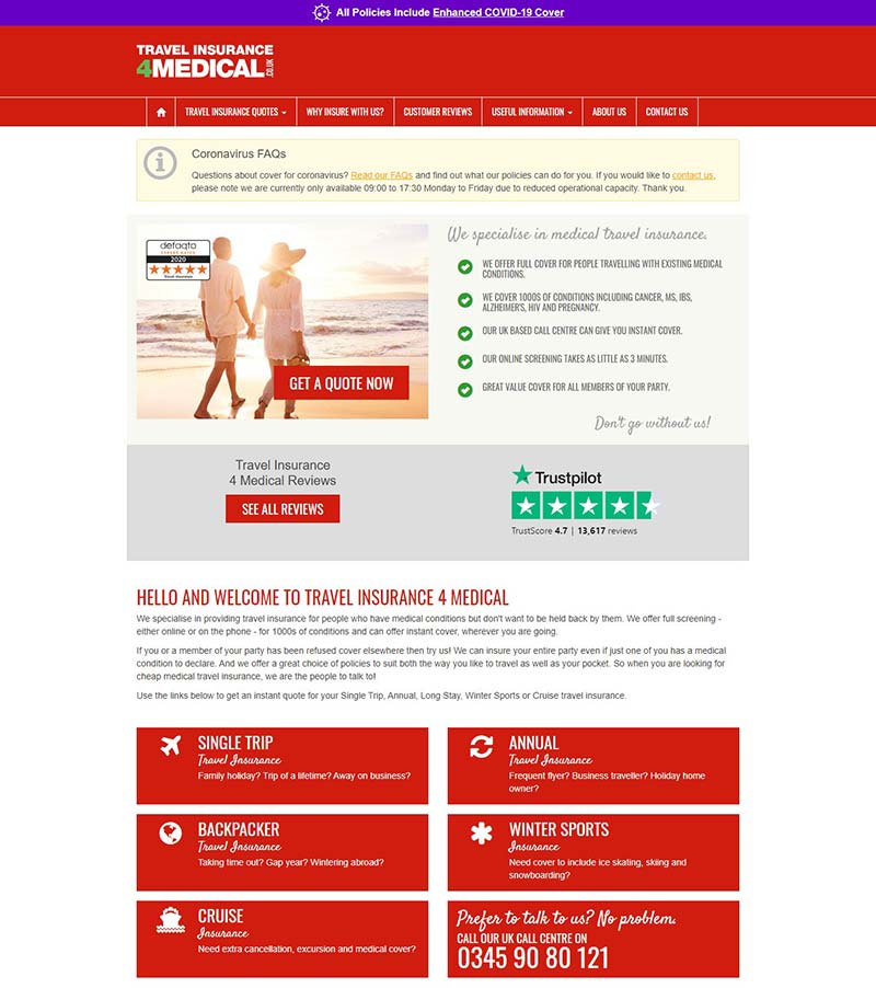 Travel Insurance 4 Medical 英国旅游保险预定网站
