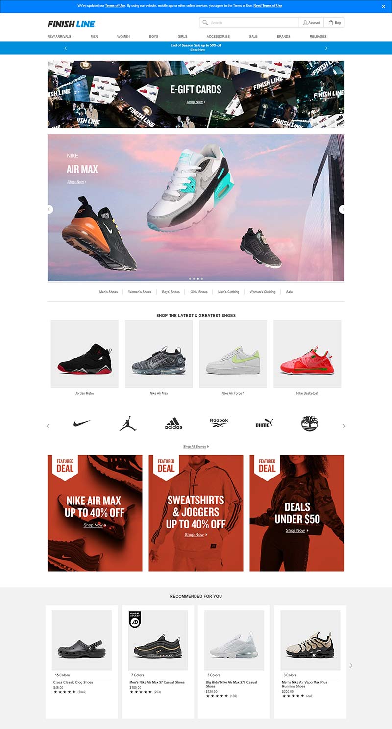 FinishLine 美国潮流运动鞋品牌网站