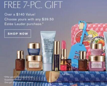 Macys梅西购EsteeLauder满$39.5送7件套+满$80加送自选正装满$130再加送自选正装（含抗蓝眼霜）