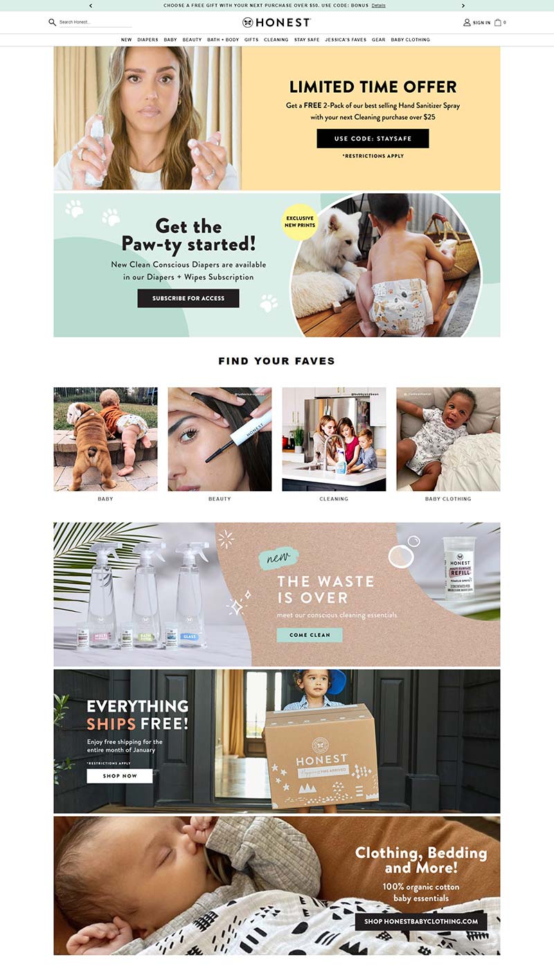 Honest 美国纯天然婴儿护理产品购物网站