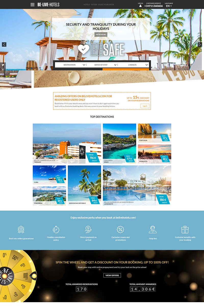 Be Live Hotels 西班牙Globalia旗下连锁酒店预订网站