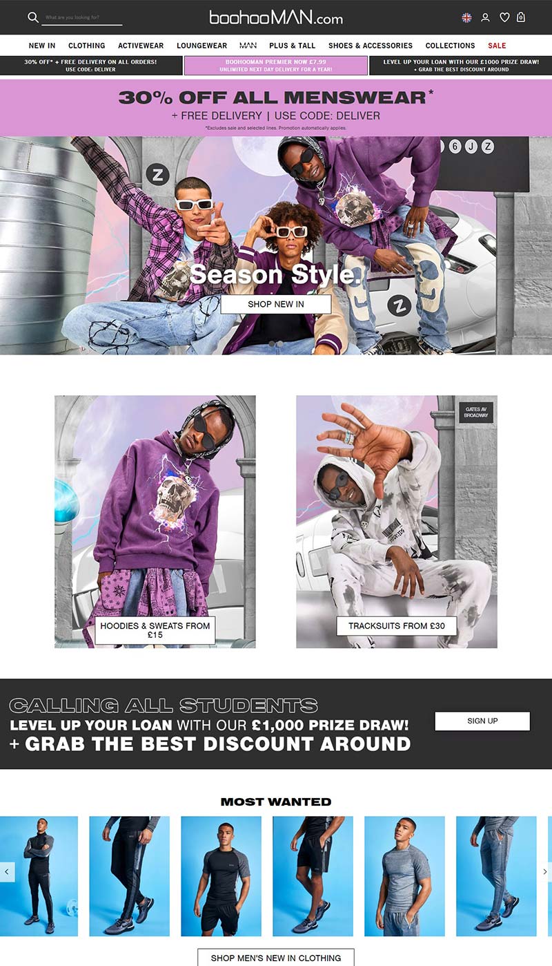 BoohooMAN 英国时尚男装品牌网站
