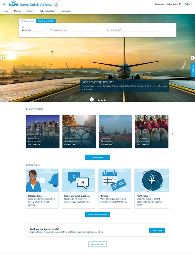 KLM 荷兰皇家航空预订网站