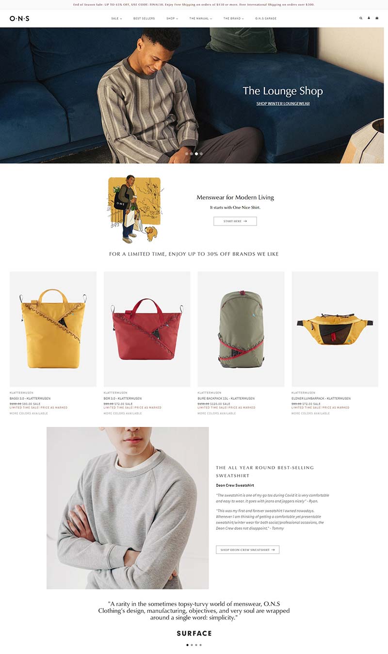 ONS Clothing 美国男士生活方式品牌网站