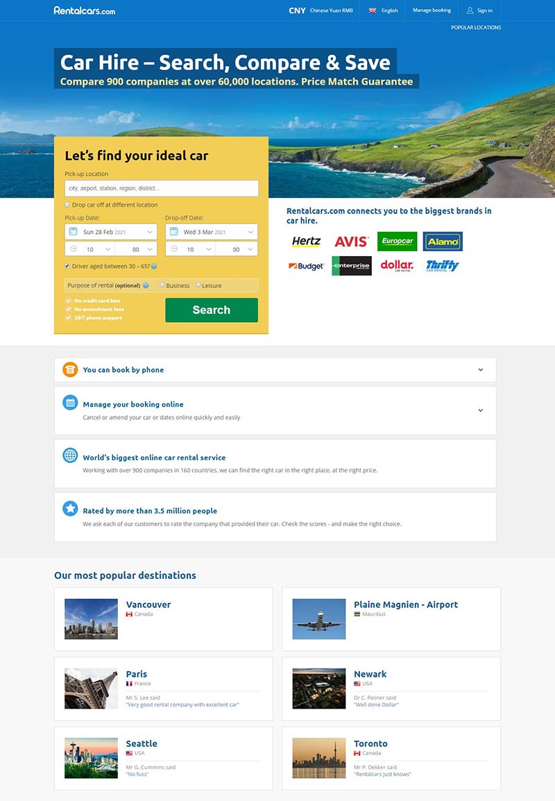 Rentalcars 英国汽车租赁预定网站