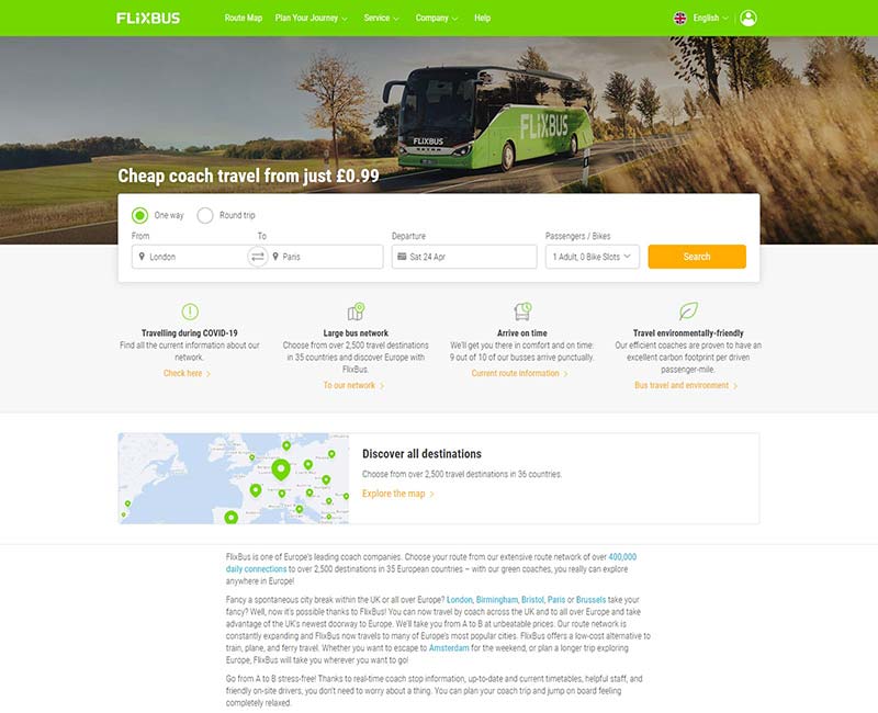 FlixBus 英国长途巴士出行预订网站