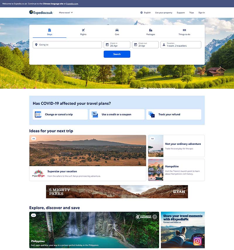 Expedia UK 亿客行旅游预订英国官网