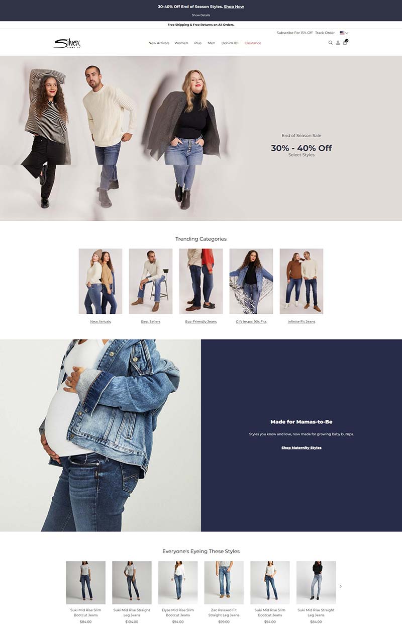 Silver Jeans Co 美国牛仔服饰品牌购物网站