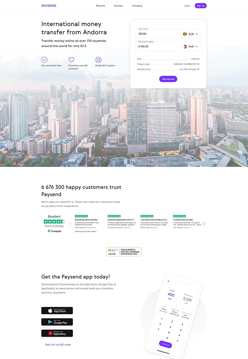 Paysend 英国全球汇款服务网站