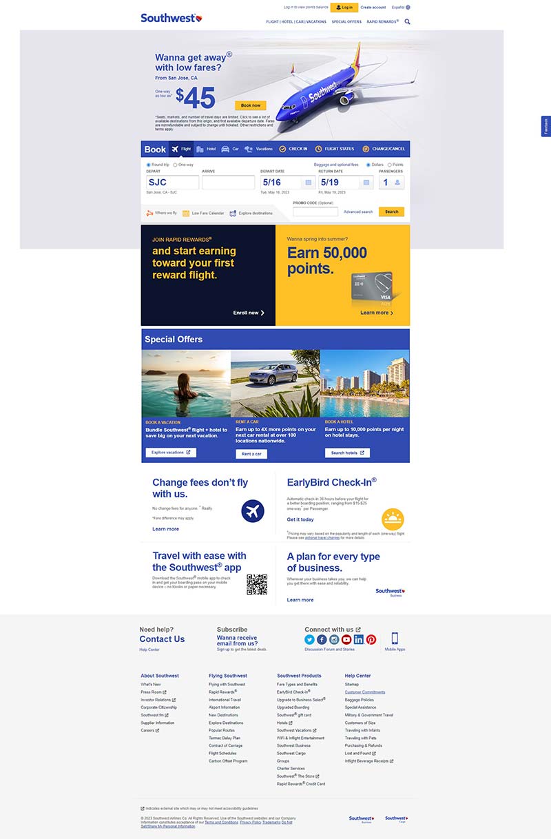 Southwest 美国西南航空机票预定网站