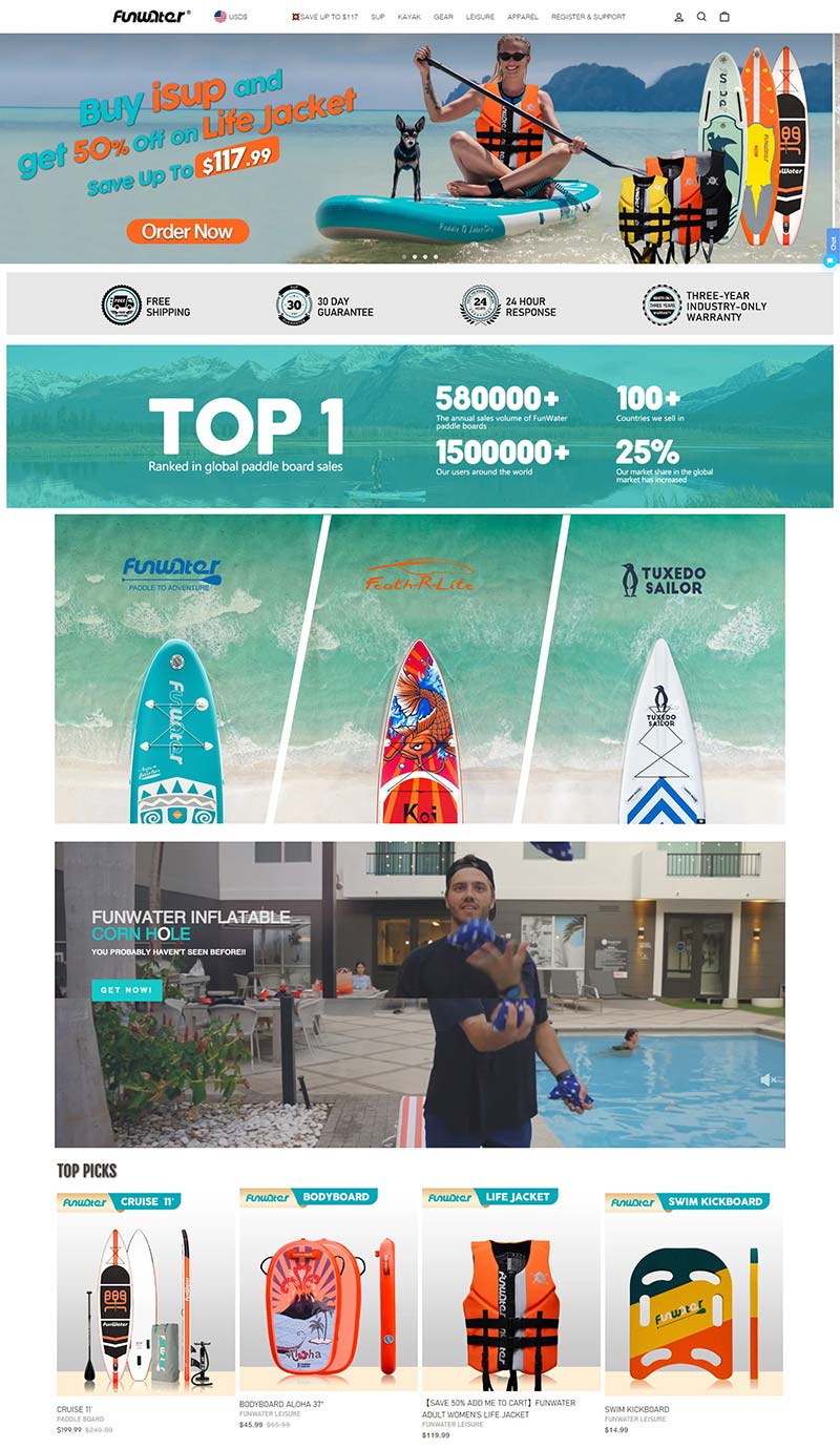 FunWater 美国单浆冲浪装备购物网站