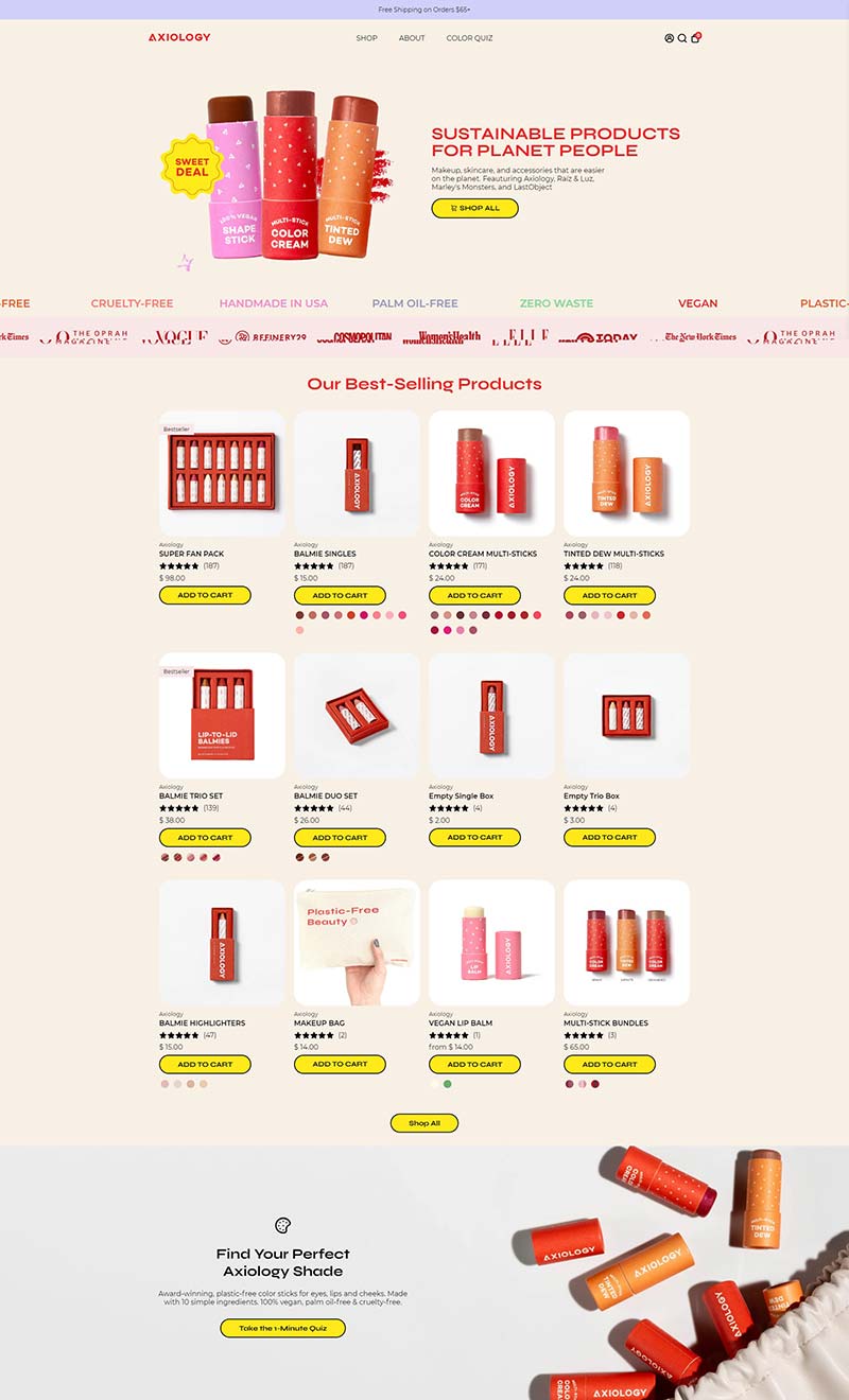 Axiology 是一个环保 + 纯素化妆品系列，由 10 种或更少的成分制成。 椰子油和椰子油等滋养成分赋予这些唇膏和多效唇膏超级丝滑的黄油质感。我们的使命是成为地球上最干净、最有道德的美容公司。我们相信化妆品不应该仅仅对化妆者来说是安全的。它对于动物、地球和制造它的人来说应该是安全的。