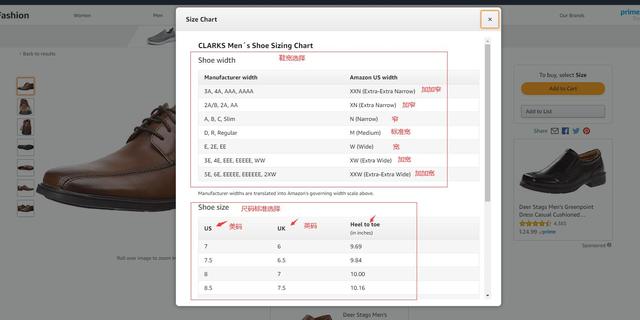 Shoe size reference chart