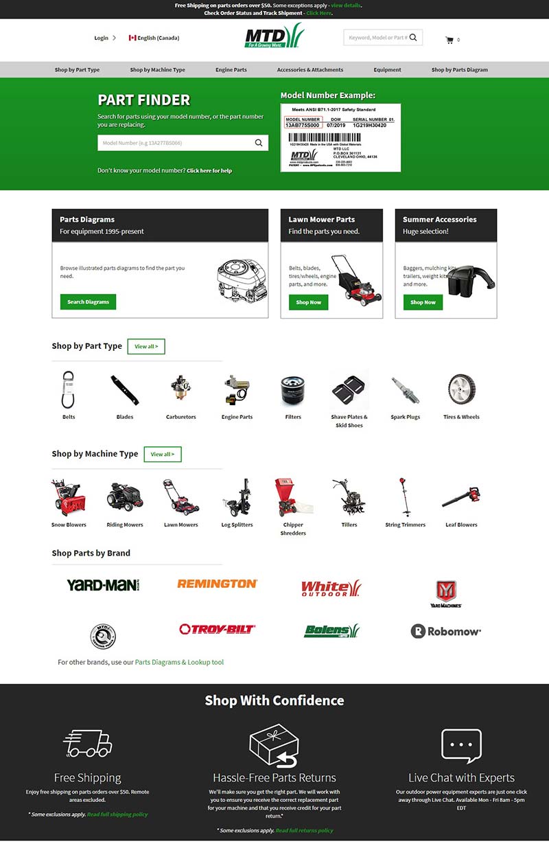 MTDParts 加拿大户外机械设备购物网站