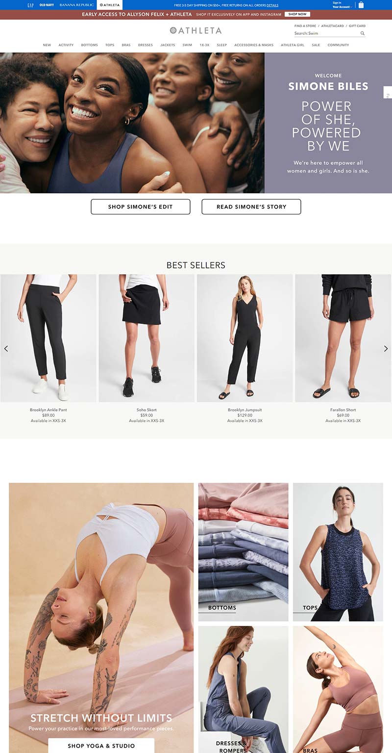 Athleta 美国时尚运动服饰品牌购物网站