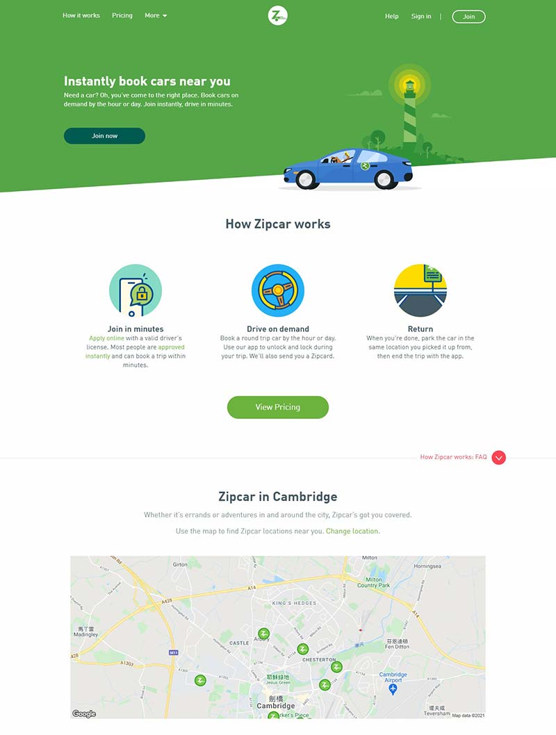 Zipcar 美国共享汽车在线预定网站