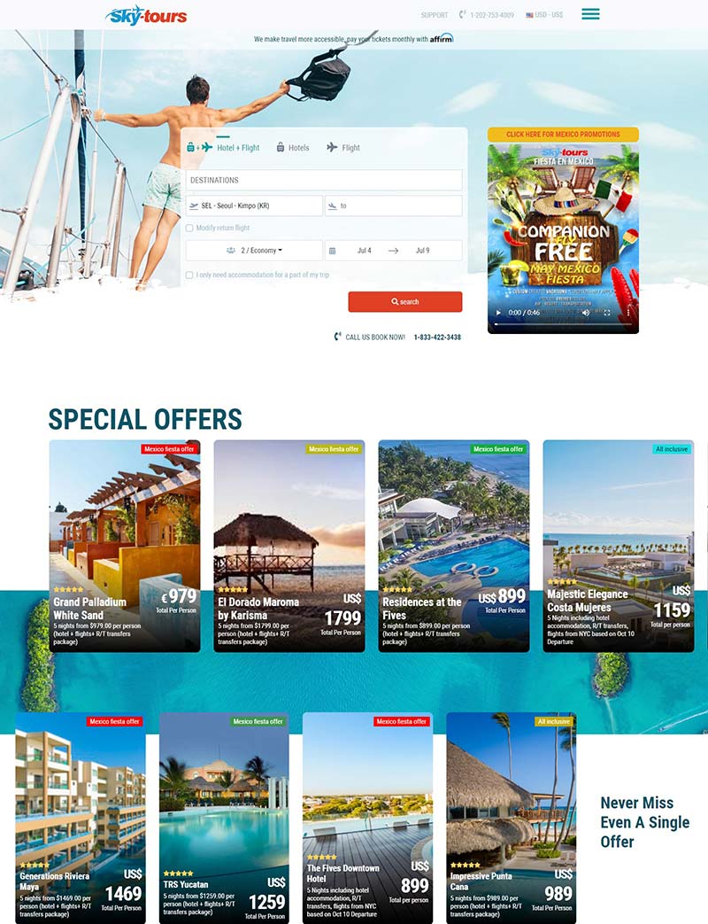 SkyTours 美国旅游搜索平台网站