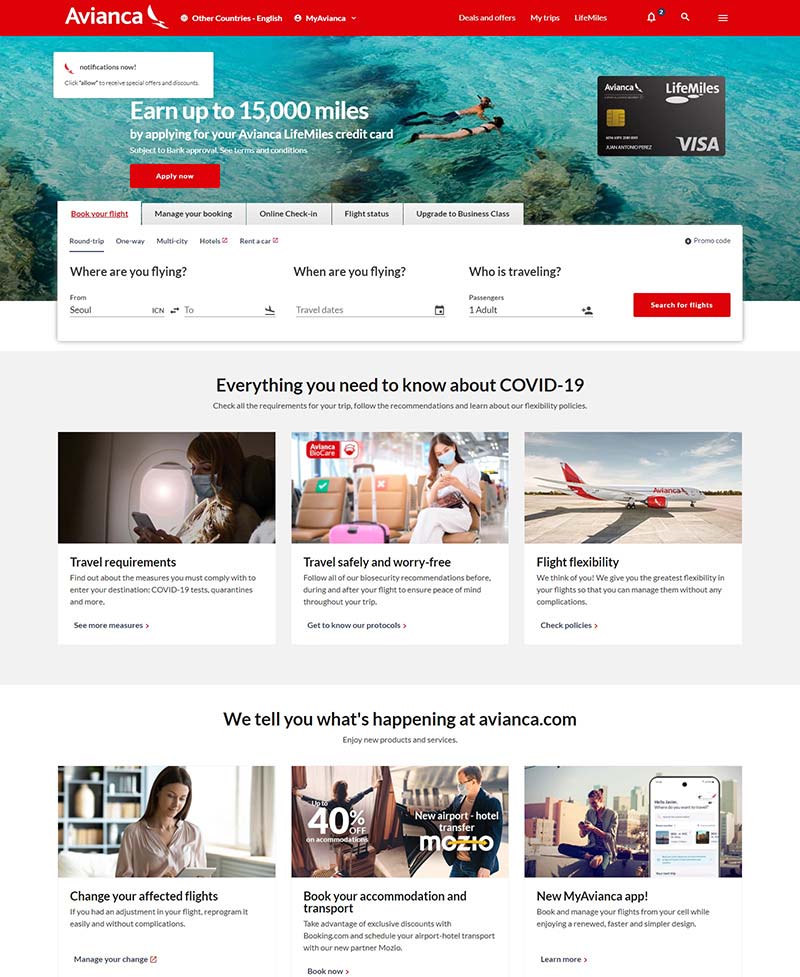 AVIANCA US 哥伦比亚国家航空在线预订网站