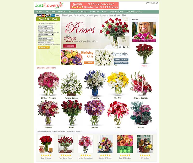 JustFlowers 美国鲜花配送服务预订网站