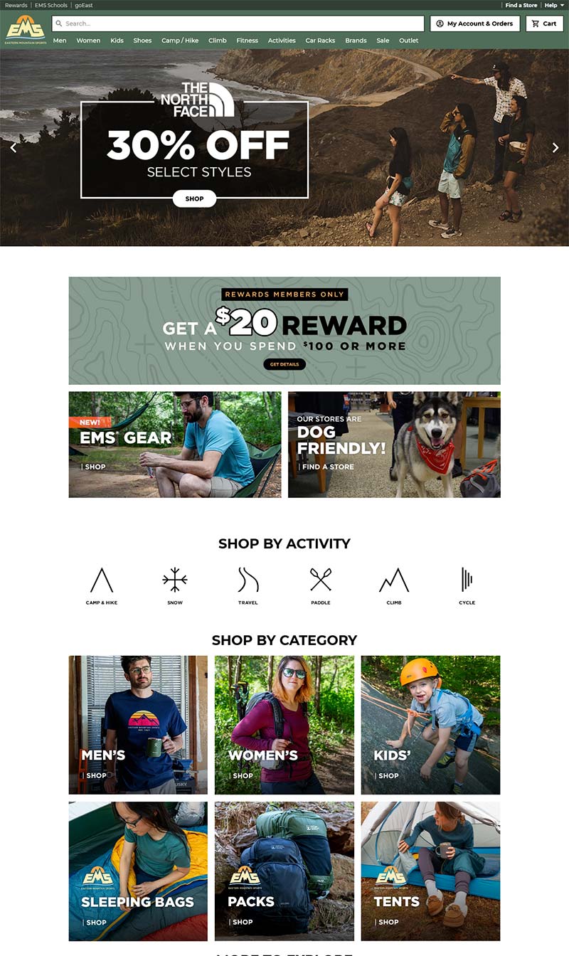 Eastern Mountain Sports 美国户外服饰品牌购物网站