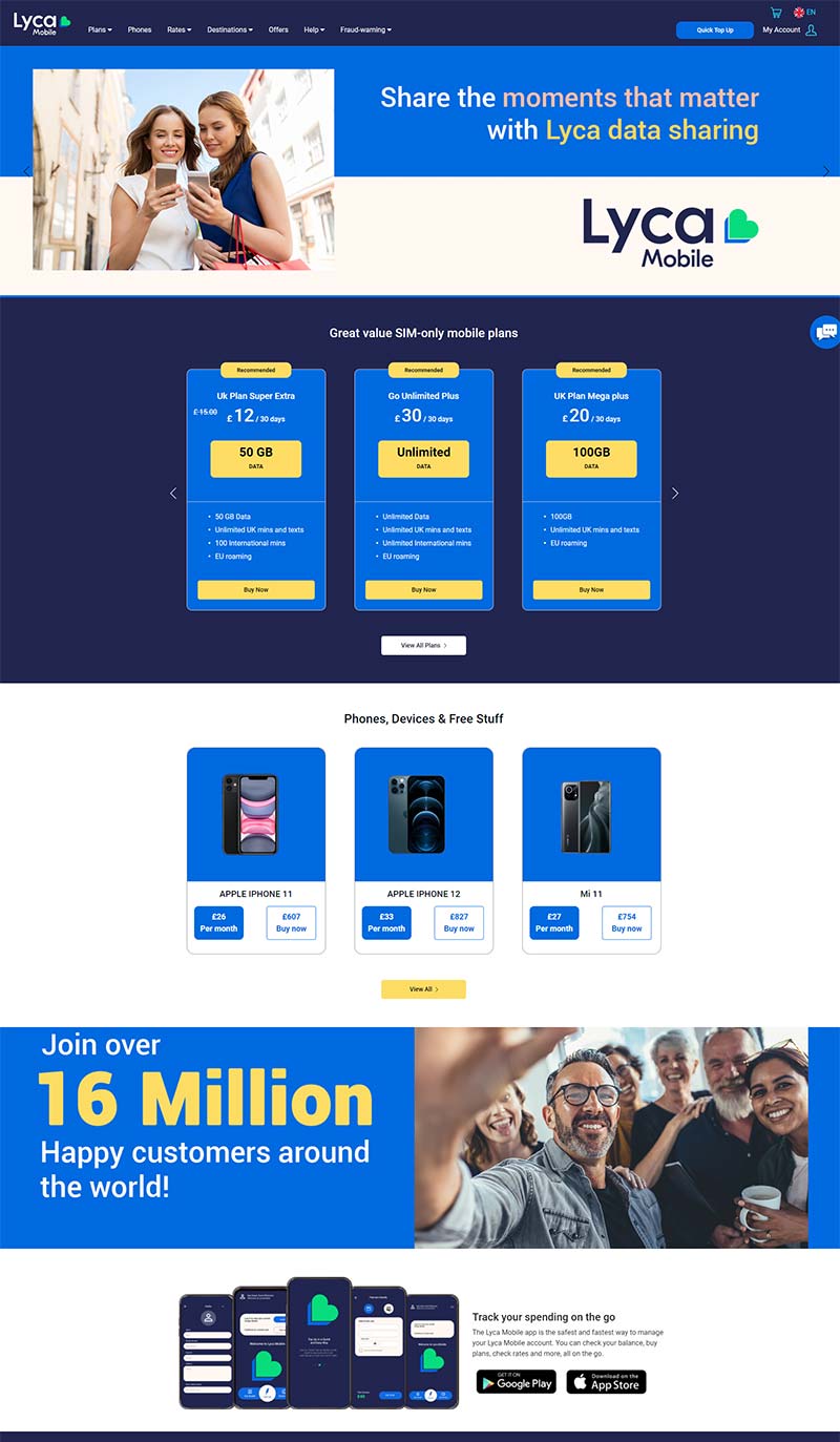 Lyca Mobile 英国国际电信服务订阅网站