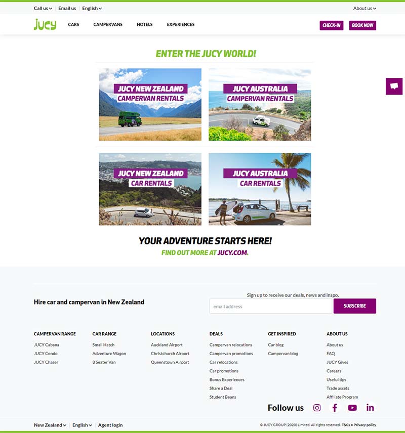 Jucy World 新西兰露营车租赁预定网站