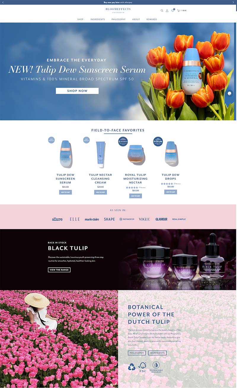 Bloomeffects 美国天然郁金香护肤产品购物网站