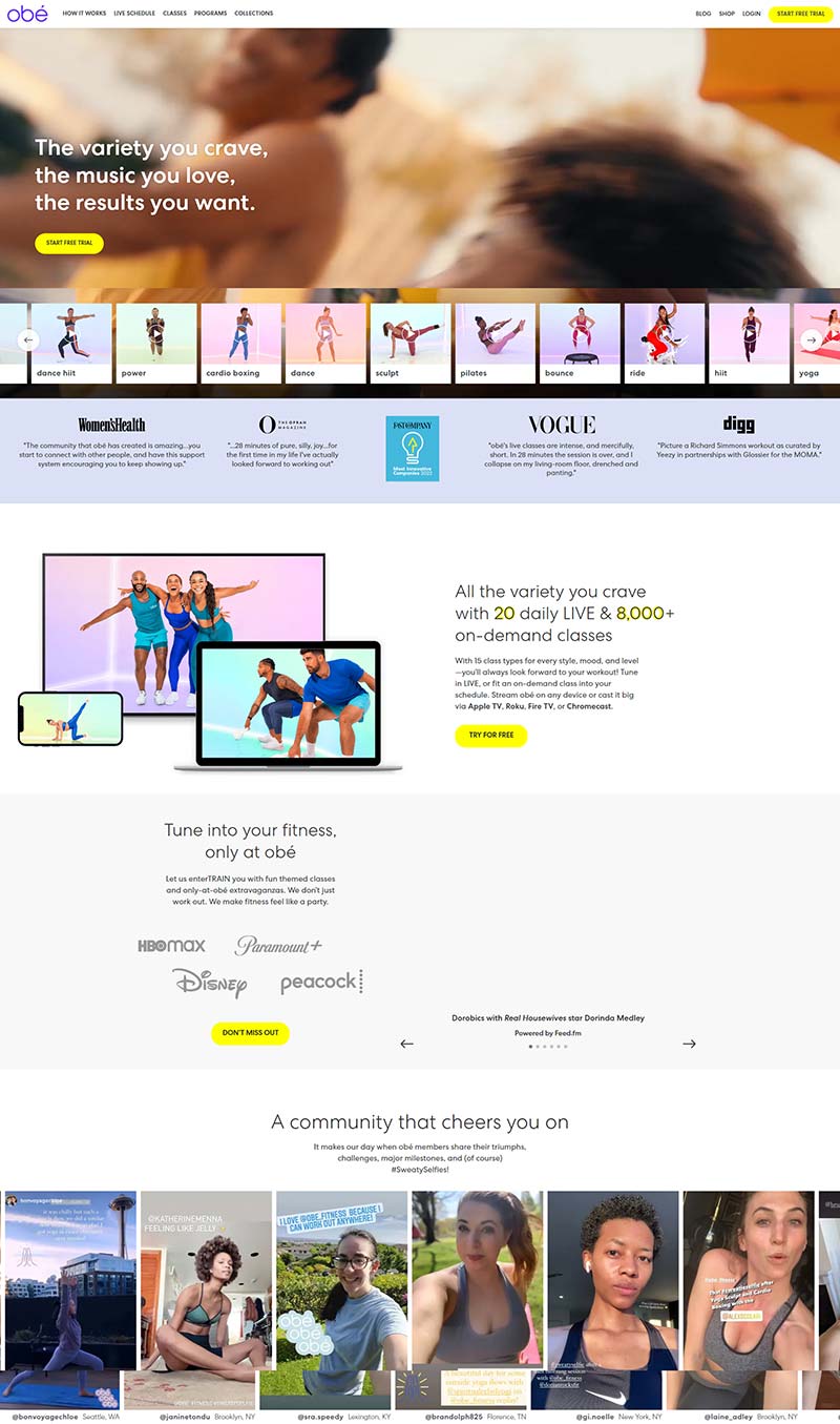obé Fitness 美国瑜伽锻炼课程订阅网站