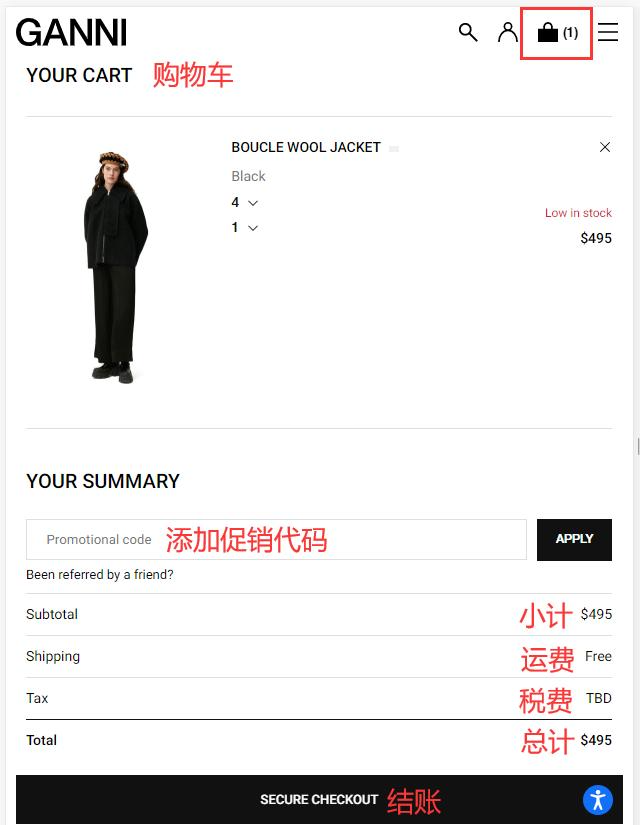 Reviewing order and using promo code on Ganni