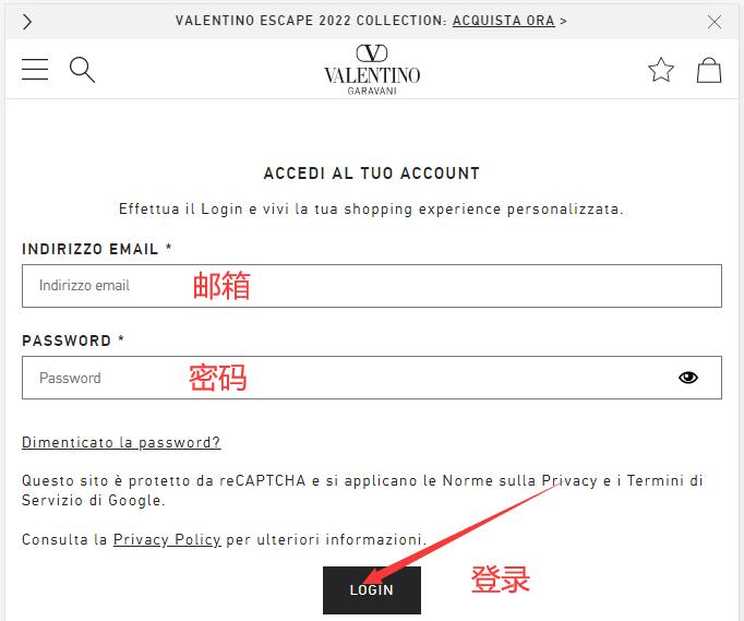 Valentino login information