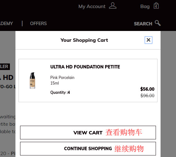 MakeUpForEver viewing shopping cart