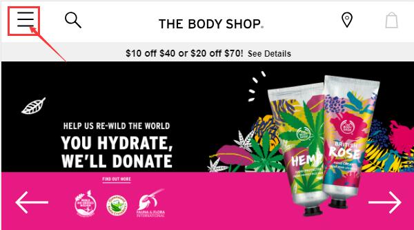 The Body Shop homepage menu registration