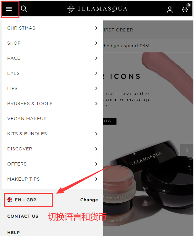 Switch country on illamasqua official website