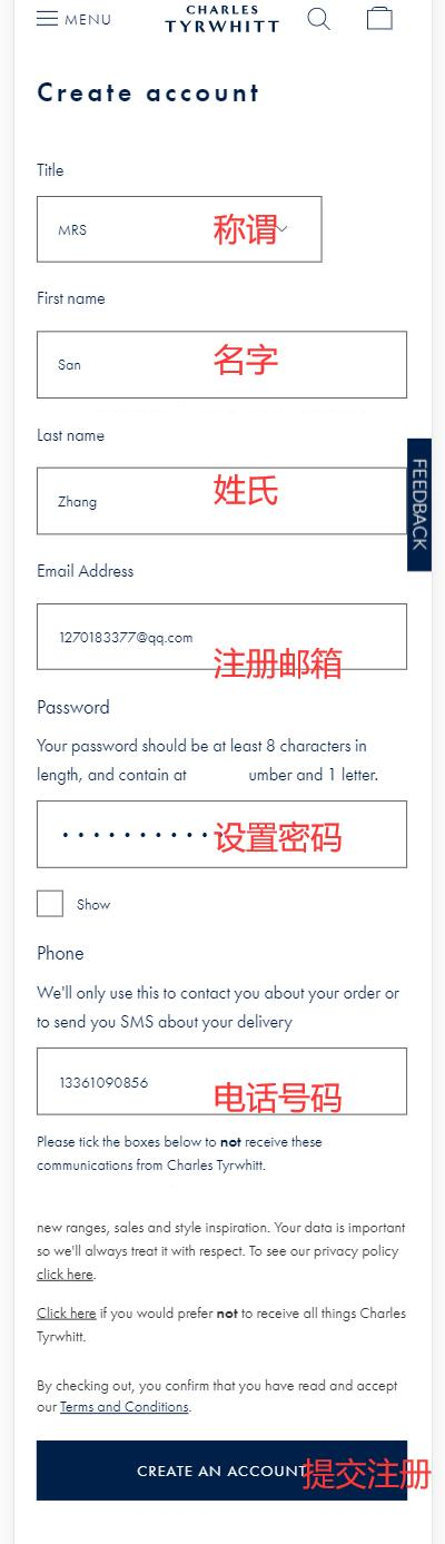 Charles Tyrwhitt official website account registration