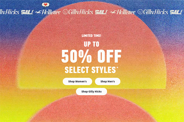 Hollister 美国官网甄选服饰5折+额外7.5折，清仓区也参加